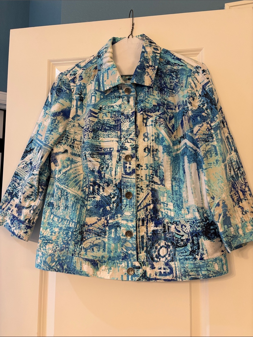 Blue & White Printed Women's Button-Front Jacket